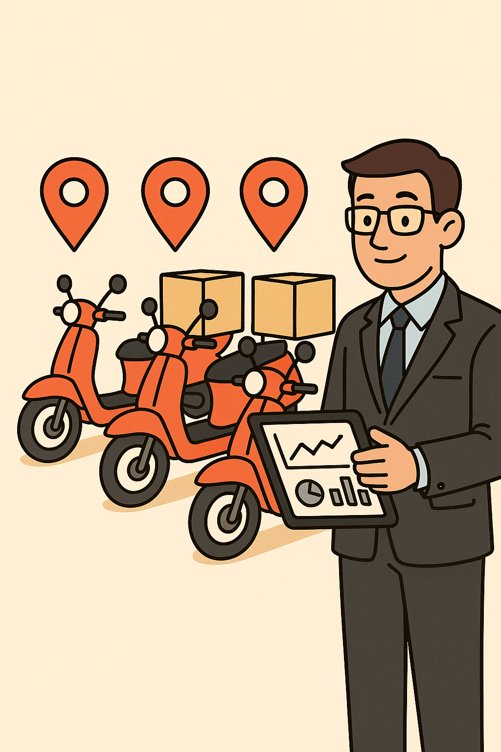 Delivery bikes with a manager holding a tablet