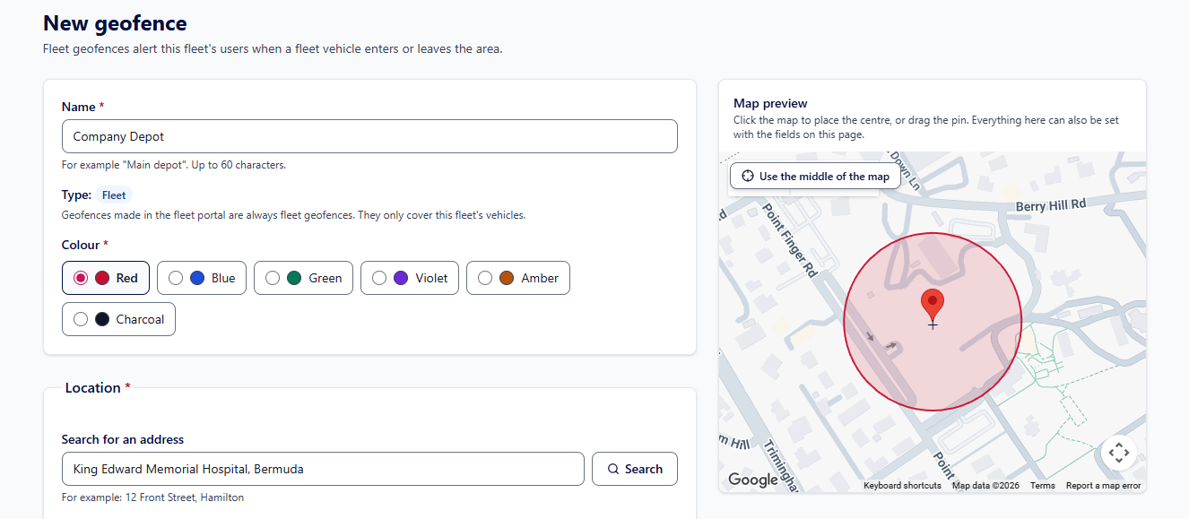 IslandWatch geofence dashboard showing vehicles entering and leaving a designated depot zone.