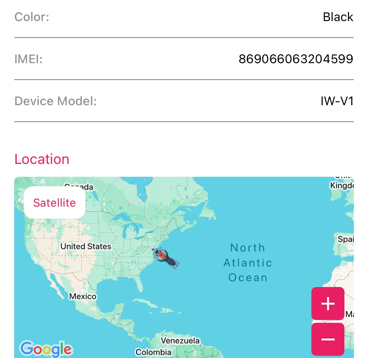 IslandWatch theft report screen showing the device details and shared live location.