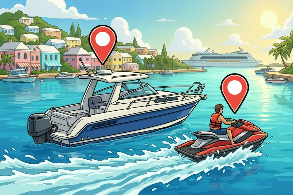A boat and jet ski on the water, each marked with a location-tracking pin.