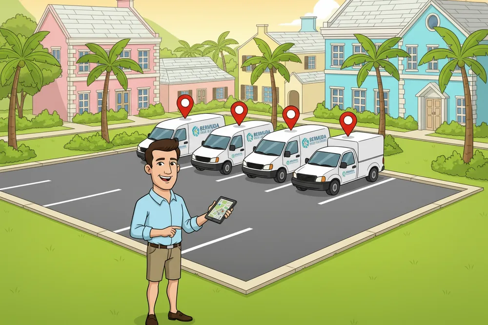 A manager with a tablet tracking a row of parked vans, each marked with a location pin.